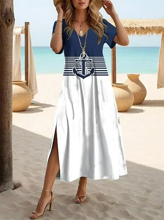 Women Anchor Short Sleeve Summer Printing Dress V Neck Daily Casual Maxi X-Line Dress
