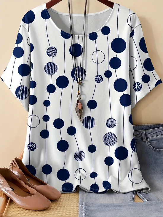 Women Polka Dots Three Quarter Sleeve Tee T-shirt Crew Neck Vintage Spring/Fall Top