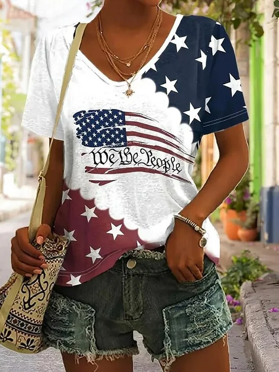 Women America Flag Short Sleeve Tee T-shirt V Neck Casual Summer Top