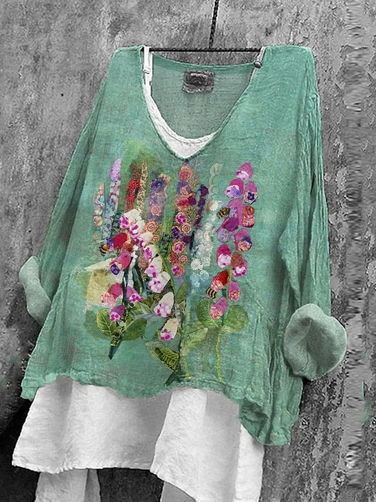 Women Floral Long Sleeve Blouse Spring/Fall Printing V Neck Daily Casual Top
