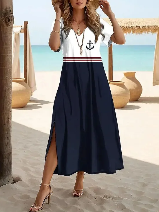 Women Anchor Short Sleeve Summer Printing Dress V Neck Daily Casual Maxi X-Line Dress
