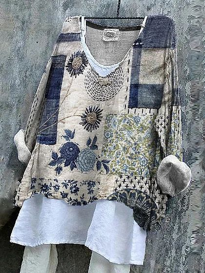Women Floral Long Sleeve Blouse Spring/Fall Printing V Neck Daily Casual Top