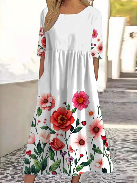 Women Floral Short Sleeve Summer Dress Crew Neck Daily Casual Maxi A-Line Dress