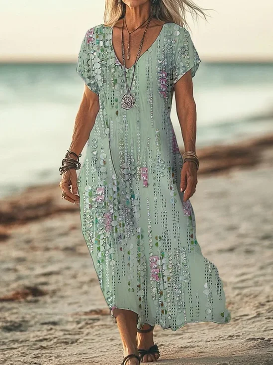 Women Striped Short Sleeve Summer Printing Dress V Neck Daily Casual Maxi X-Line Dress