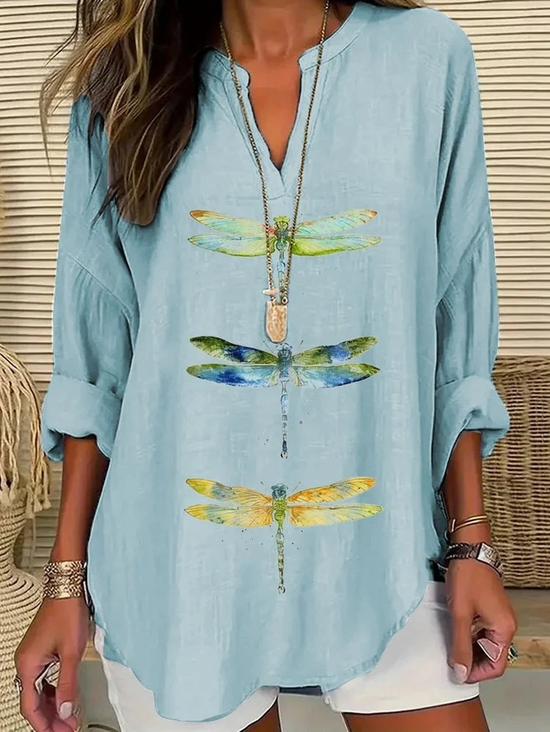 Women Dragonfly Long Sleeve Blouse Spring/Fall Printing V Neck Daily Casual Top