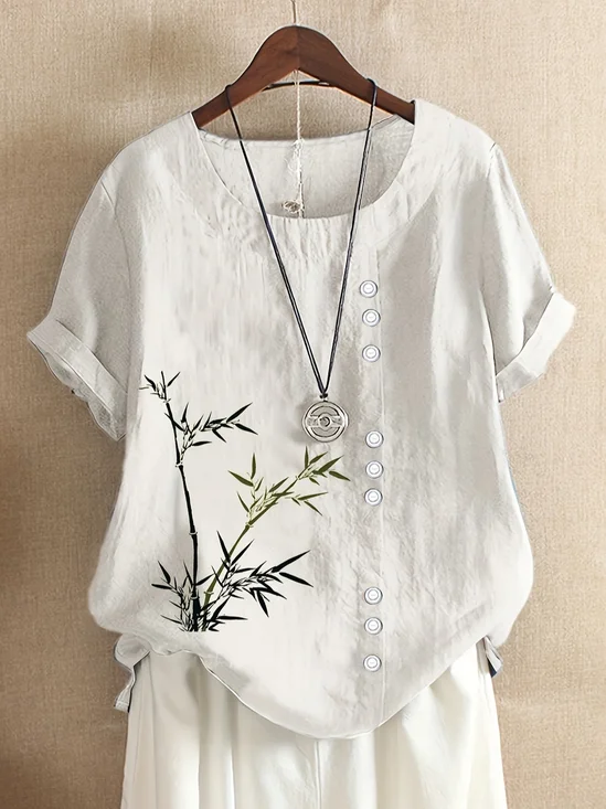Women Floral Short Sleeve Shirt Summer Printing Crew Neck Daily Casual Top