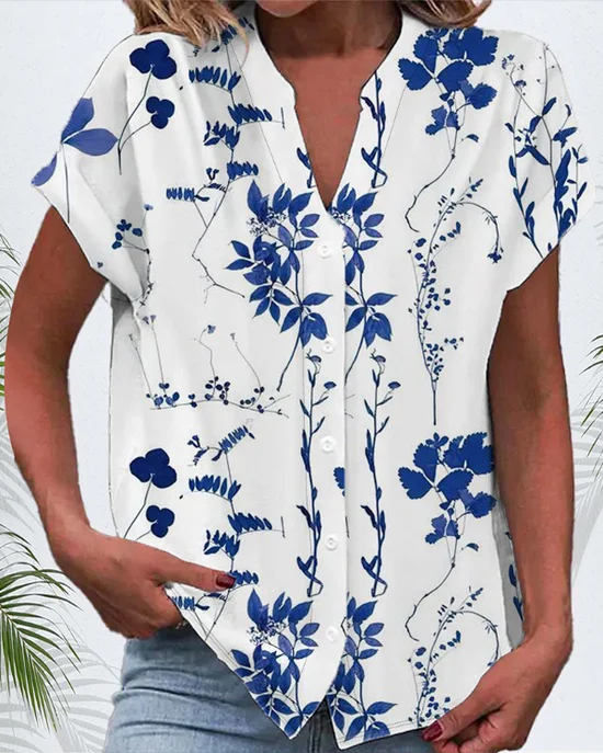 Women Floral Short Sleeve Shirt Summer Buckle V Neck Daily Casual Top