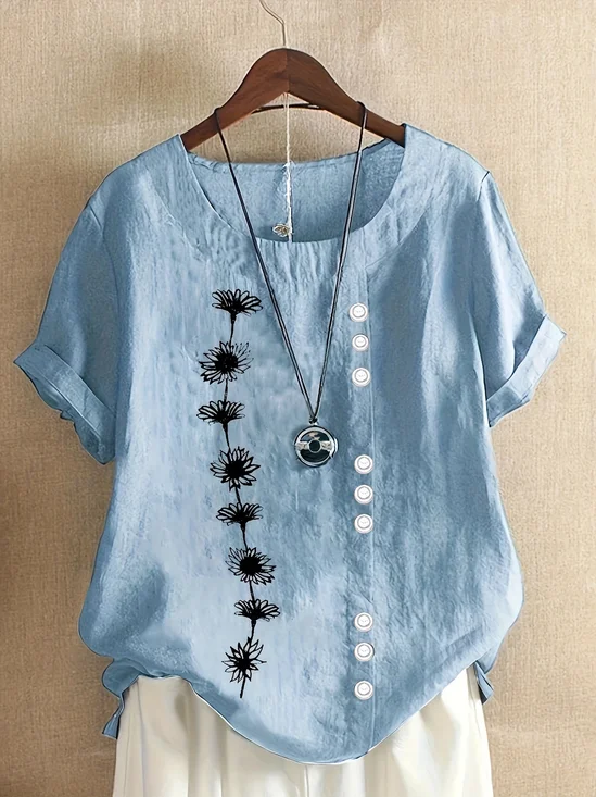 Women Floral Short Sleeve Shirt Summer Printing Crew Neck Daily Casual Top