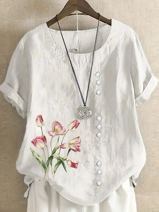 Women Floral Short Sleeve Shirt Summer Printing Crew Neck Daily Casual Top