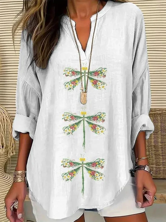 Women Dragonfly Long Sleeve Blouse Spring/Fall Printing V Neck Daily Casual Top