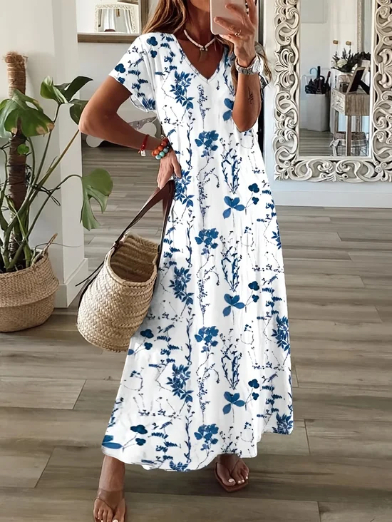 Women Floral Short Sleeve Summer Printing Dress V Neck Daily Casual Maxi T-Shirt Dress X-Line Dress