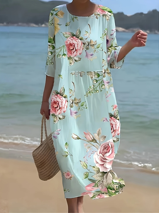 Women Floral Half Sleeve Summer Printing Dress Crew Neck Daily Casual Maxi H-Line Dress