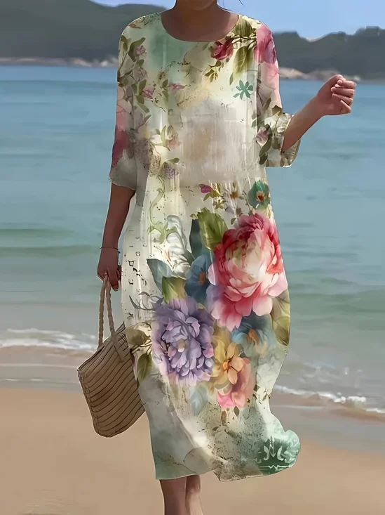 Women Floral Half Sleeve Summer Printing Dress Crew Neck Daily Casual Maxi H-Line Dress