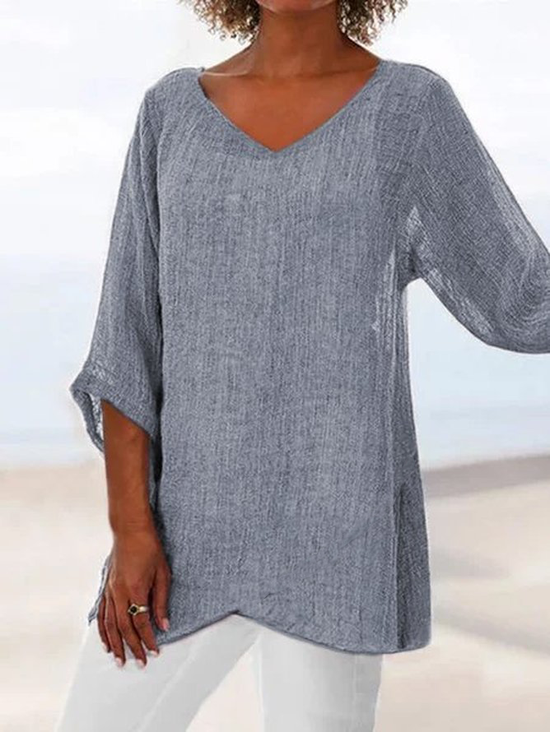 Women Plain Short Sleeve Shirt Summer V Neck Holiday Casual Top