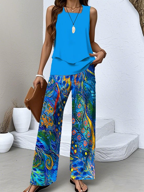 Women Psychedelic Art Two-Piece Set Daily Sleeveless Casual Summer Top With Pants Matching Set