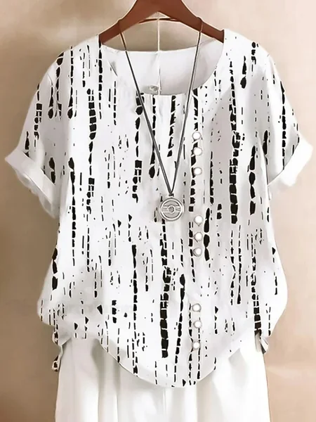 Women Geometric Half Sleeve Blouse Summer Crew Neck Daily Casual Top