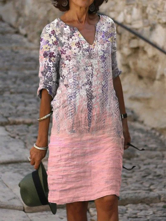 Women Floral Half Sleeve Summer Printing Dress V Neck Daily Casual Mini Shift Dress H-Line Dress