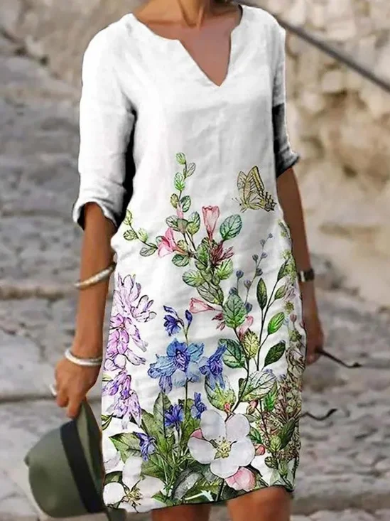 Women Floral Half Sleeve Summer Printing Dress V Neck Daily Casual Mini Shift Dress H-Line Dress