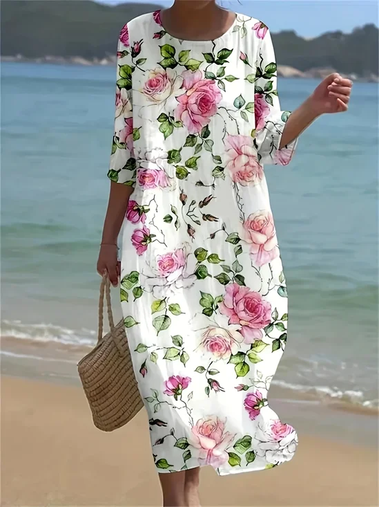 Women Floral Half Sleeve Summer Printing Dress Crew Neck Daily Casual Maxi H-Line Dress