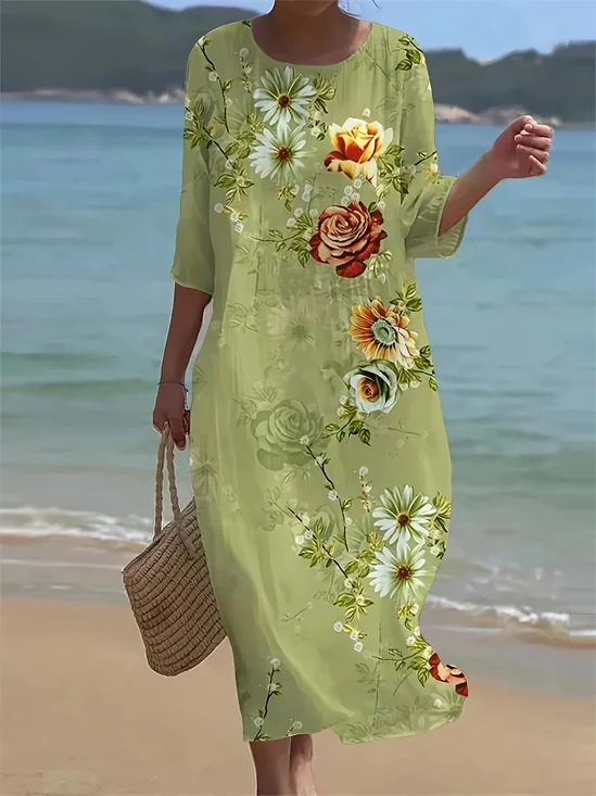Women Floral Half Sleeve Summer Printing Dress Crew Neck Daily Casual Maxi H-Line Dress