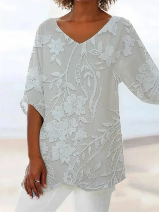 Women Floral Short Sleeve Shirt Summer Printing V Neck Daily Casual Top