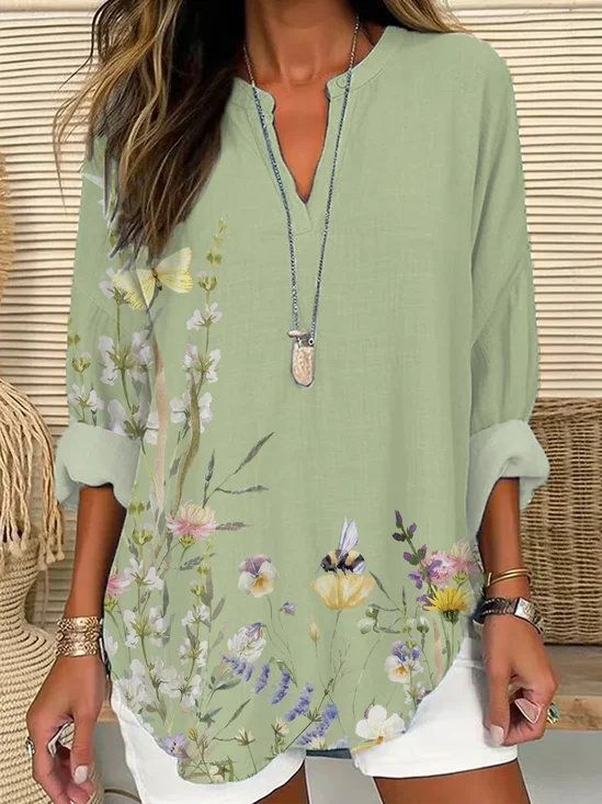 Women Floral Long Sleeve Blouse Spring/Fall Printing V Neck Daily Casual Top