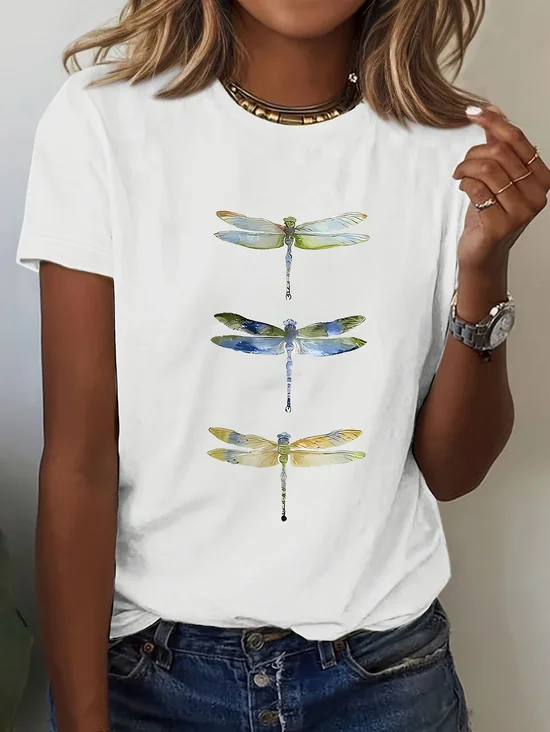 Women Dragonfly Short Sleeve Tee T-shirt Crew Neck Printing Casual Summer Graphic Tee Top