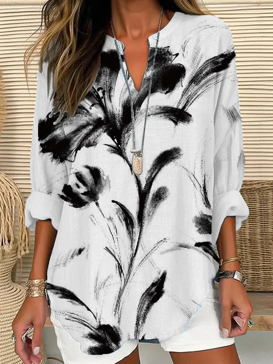 Women Floral Long Sleeve Blouse Spring/Fall Printing V Neck Daily Casual Top