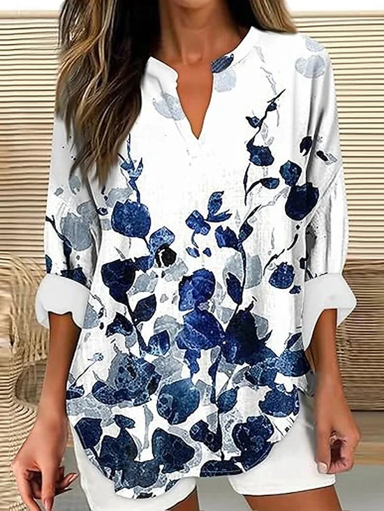 Women Floral Long Sleeve Blouse Spring/Fall Printing V Neck Daily Casual Top