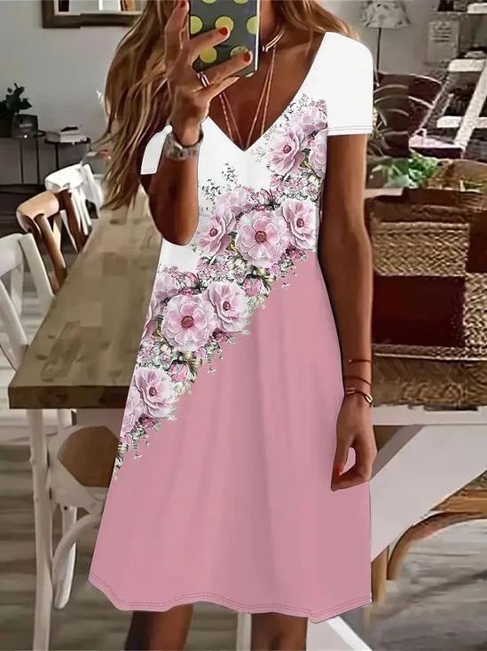Women's Floral Short Sleeve Summer Printing Dress V Neck Daily Casual Knee Length T-Shirt Dress H-Line Dress