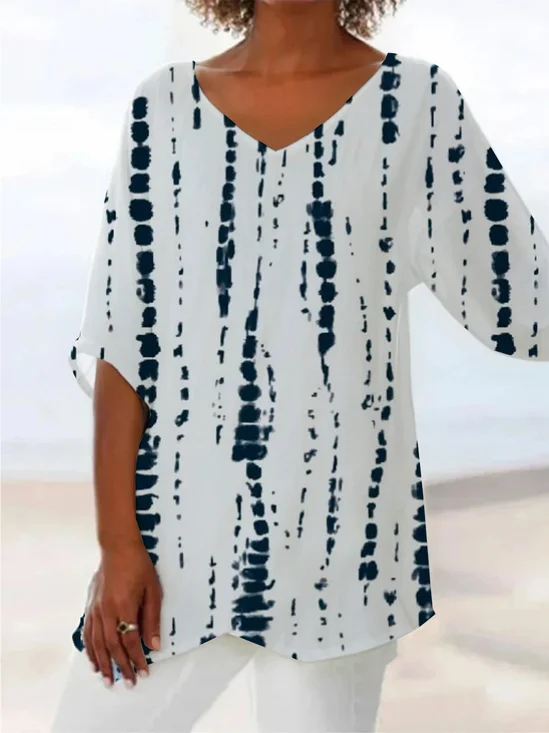 Women Striped Short Sleeve Shirt Summer Printing V Neck Daily Casual Top