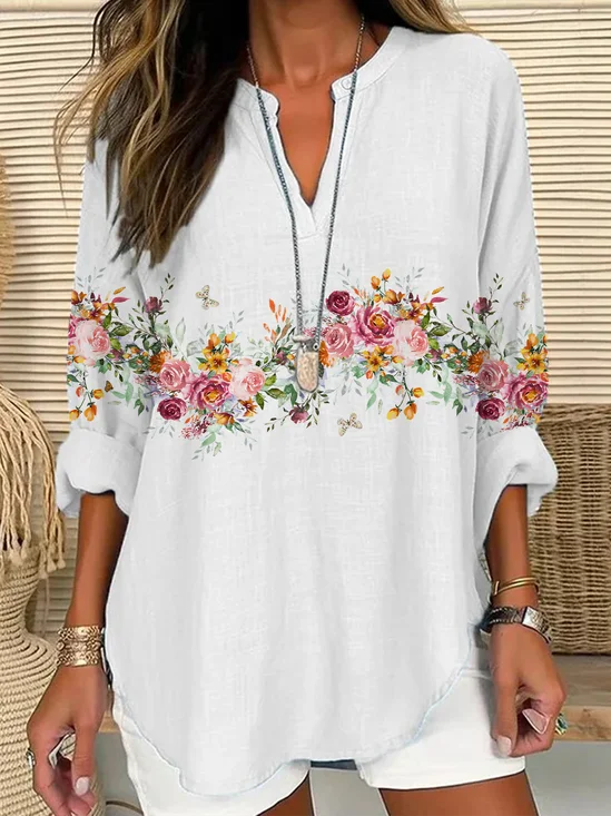 Women Floral Long Sleeve Blouse Spring/Fall Printing V Neck Daily Casual Top