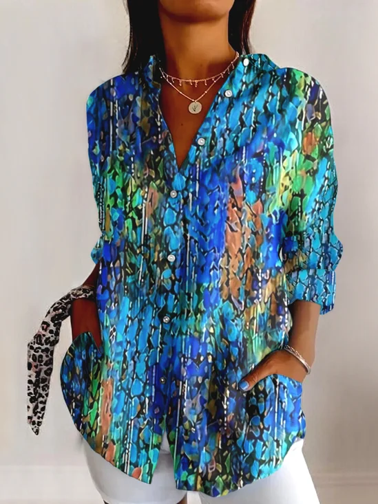 Women Geometric Long Sleeve Shirt Spring/Fall Shirt Collar Daily Casual Top