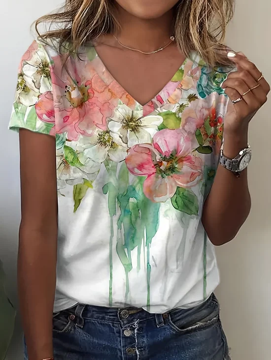 Women Floral Short Sleeve Tee T-shirt V Neck Printing Casual Summer Graphic Tee Top