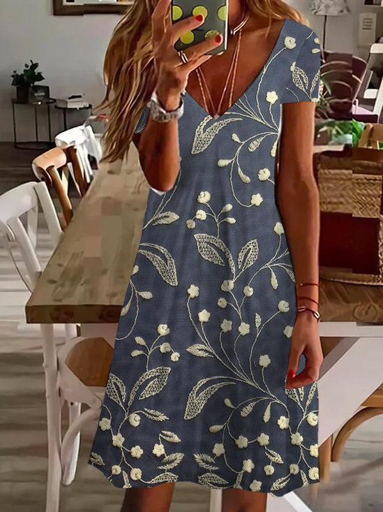 Women Floral Short Sleeve Summer Printing Dress V Neck Daily Casual Midi Fit & Flare Dress A-Line Dress