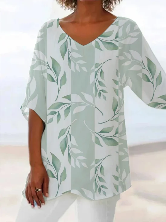 Women Floral Short Sleeve Shirt Summer Printing V Neck Daily Casual Top
