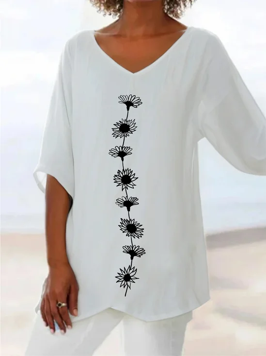 Women Floral Short Sleeve Shirt Summer Printing V Neck Daily Casual Top