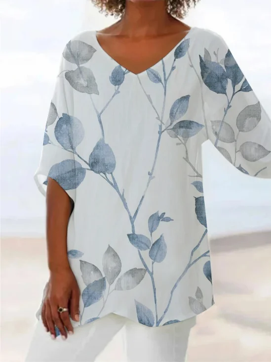 Women Floral Short Sleeve Shirt Summer Printing V Neck Daily Casual Top