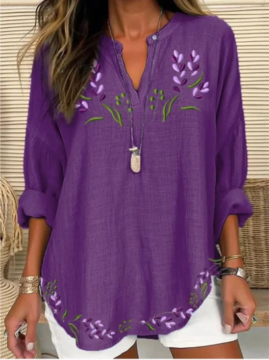 Women Floral Long Sleeve Blouse Spring/Fall Shawl Collar Daily Casual Top