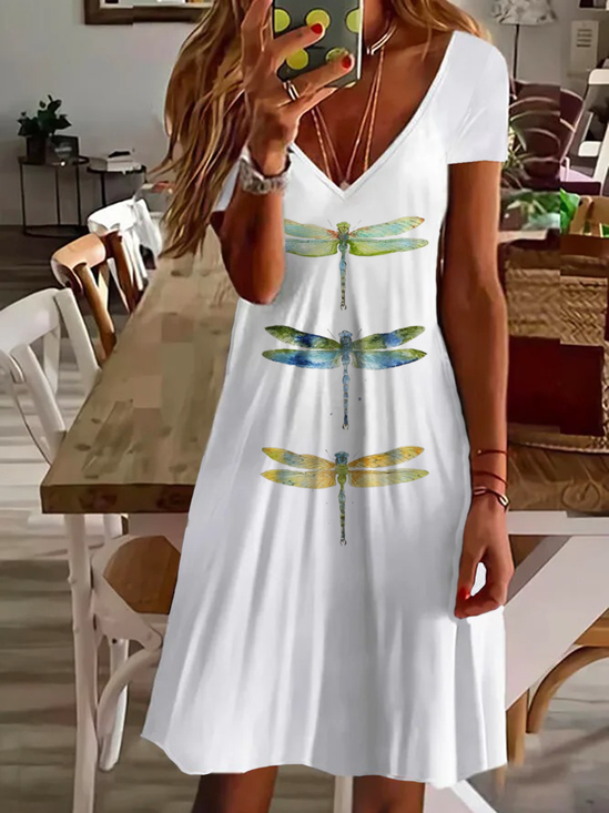 Women Dragonfly Short Sleeve Summer Printing Dress V Neck Daily Casual Midi Fit & Flare Dress A-Line Dress
