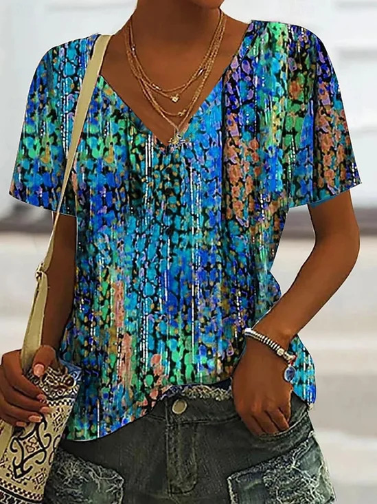 Women Geometric Short Sleeve Tee T-shirt V Neck Casual Summer Top