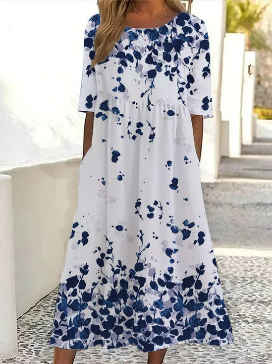 Women Floral Short Sleeve Summer Printing Dress Crew Neck Daily Casual Maxi Shift Dress H-Line Dress