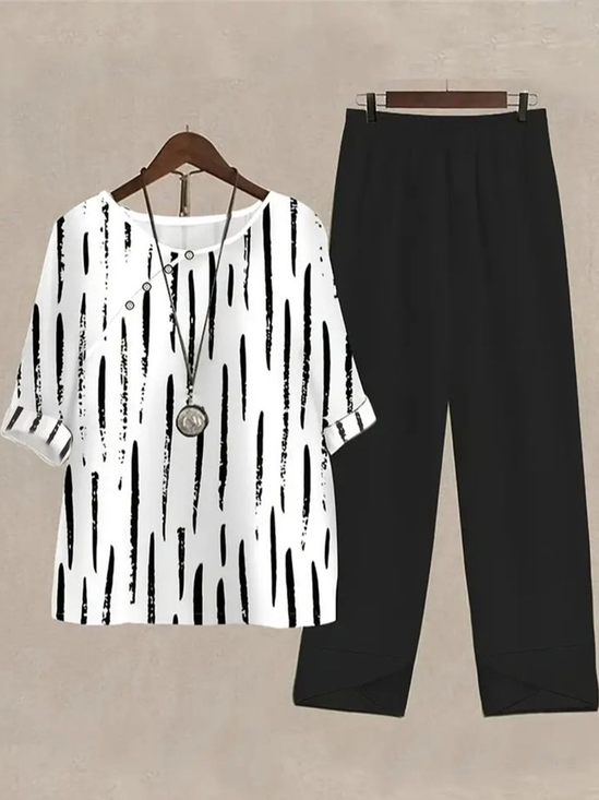 Women Striped Printing Two-Piece Set Daily Half Sleeve Casual Summer Top With Pants Matching Set