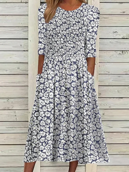 Women Floral Short Sleeve Summer Printing Dress Crew Neck Daily Casual Maxi Shift Dress H-Line Dress