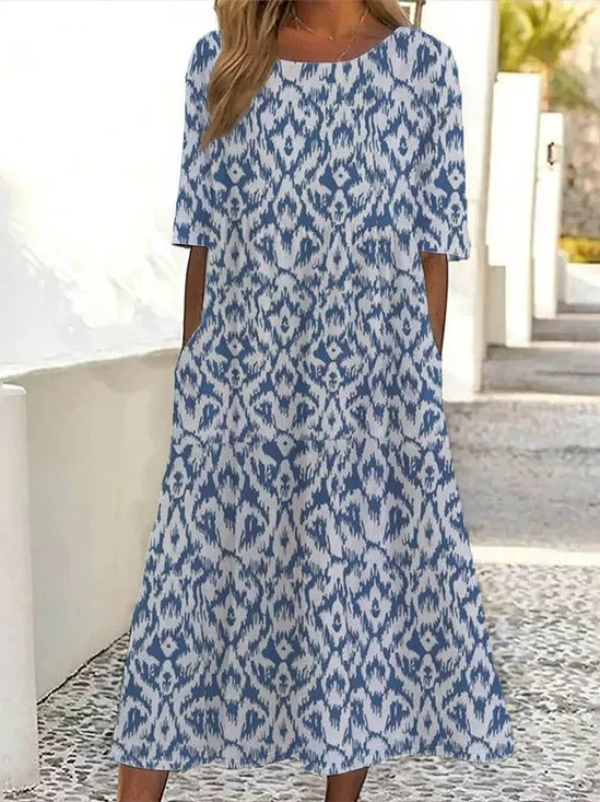 Women Floral Short Sleeve Summer Printing Dress Crew Neck Daily Casual Maxi Shift Dress H-Line Dress