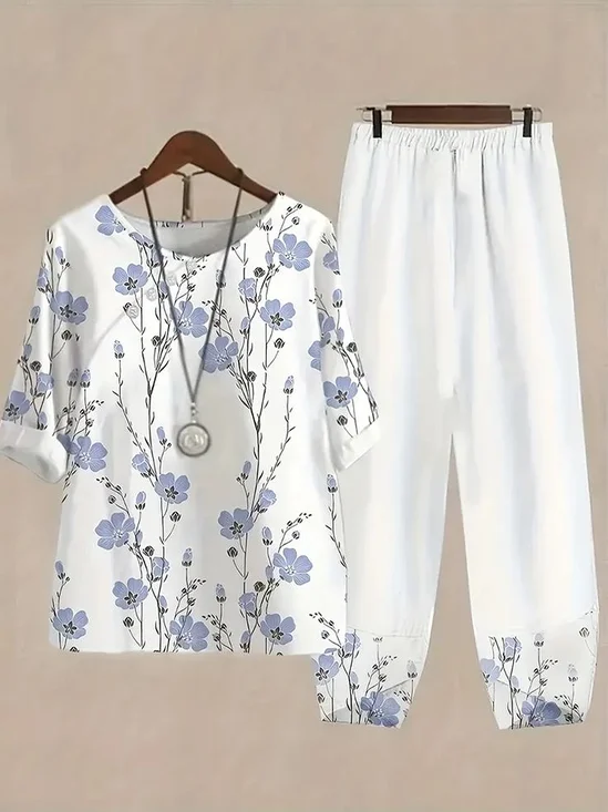 Women Floral Printing Two-Piece Set Daily Half Sleeve Casual Summer Top With Pants Matching Set