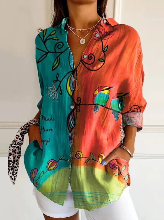 Women Animal Long Sleeve Shirt Spring/Fall Shirt Collar Daily Casual Top