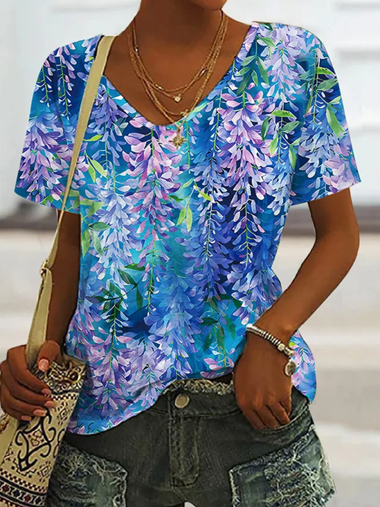 Women Floral Short Sleeve Tee T-shirt V Neck Casual Summer Top