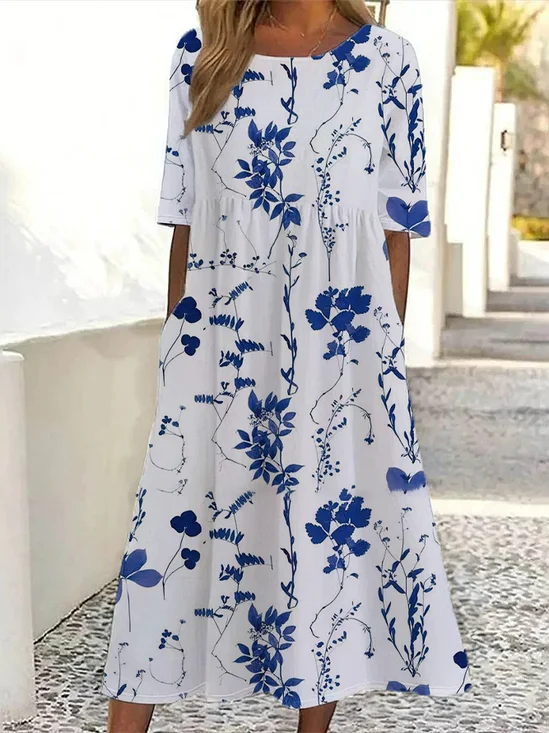 Women Floral Short Sleeve Summer Printing Dress Crew Neck Daily Casual Maxi Shift Dress H-Line Dress