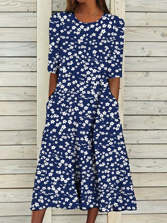 Women Floral Short Sleeve Summer Printing Dress Crew Neck Daily Casual Maxi Shift Dress H-Line Dress